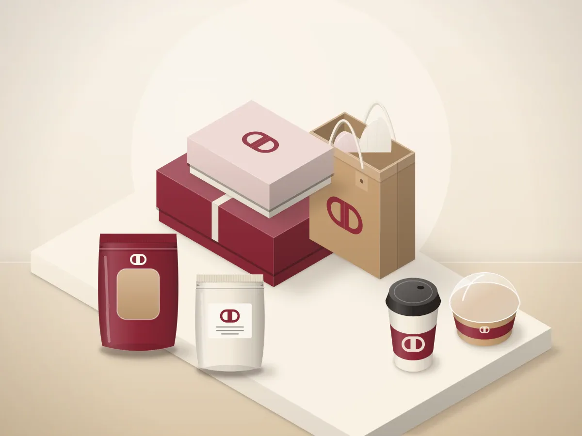 A two-level display of sample packaging in the showroom